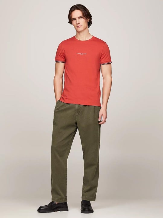 TOMMY HILFIGER Tommy Hilfiger Erkek Dokuma Kumaş Kısa Kol Düz Model Kırmızı T-Shirt MW0MW32584-XLD