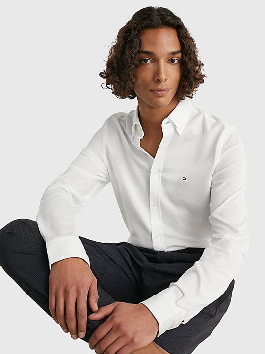 Tommy Hilfiger Tommy Hilfiger Erkek Dokuma Gömlek Yaka Uzun Kol Günlük Beyaz Gömlek MW0MW30675-YCF