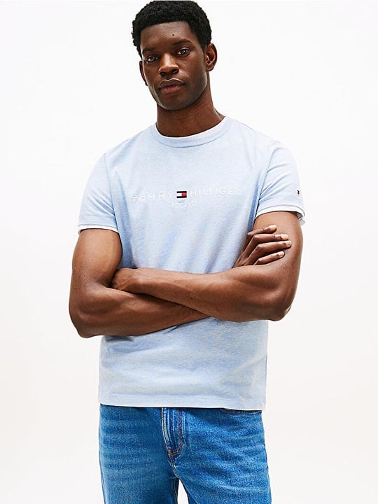 TOMMY HILFIGER Tommy Hilfiger Erkek Dokuma Kumaş Kısa Kol Düz Model Mavi1 T-Shirt MW0MW11797-DS9