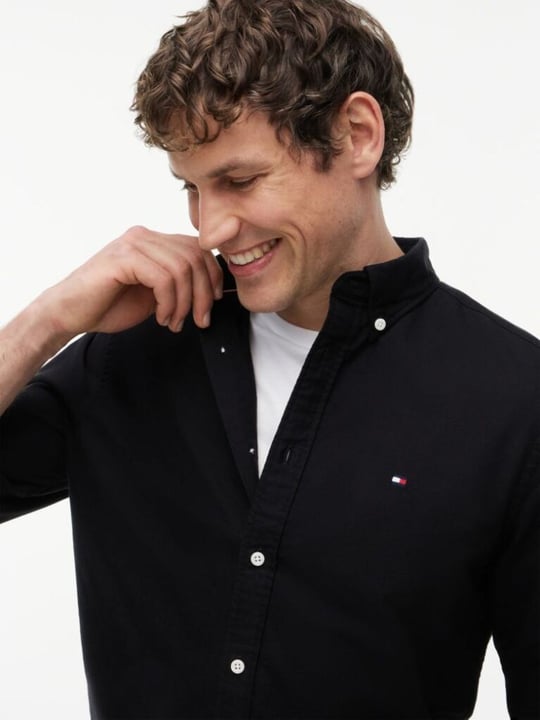 Tommy Hilfiger Tommy Hilfiger Erkek Dokuma Gömek Yaka Uzun Kol Günlük Siyah Gömlek MW0MW35774-0GJ