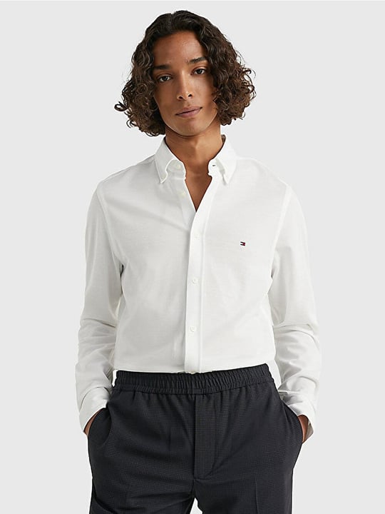 Tommy Hilfiger Tommy Hilfiger Erkek Dokuma Gömlek Yaka Uzun Kol Günlük Beyaz Gömlek MW0MW30675-YCF