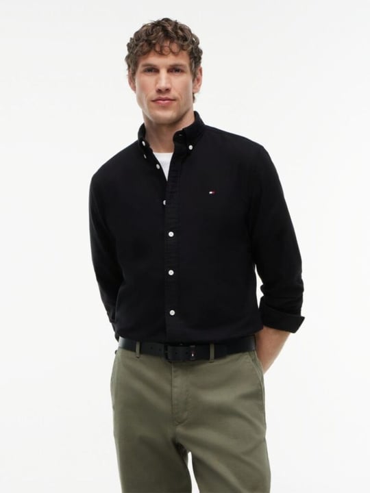 Tommy Hilfiger Tommy Hilfiger Erkek Dokuma Gömek Yaka Uzun Kol Günlük Siyah Gömlek MW0MW35774-0GJ