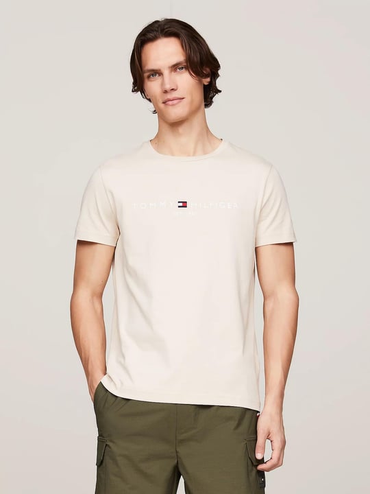 Tommy Hilfiger Tommy Hilfiger Erkek Dokuma Kumaş Kısa Kol Düz Model Bej T-Shirt MW0MW11797-ACI
