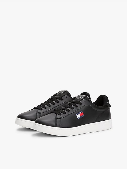 TOMMY HILFIGER Tommy Hilfiger Erkek Düşük Bilekli Logo Bayraklı Deri Siyah Sneaker EM0EM01596-BDS