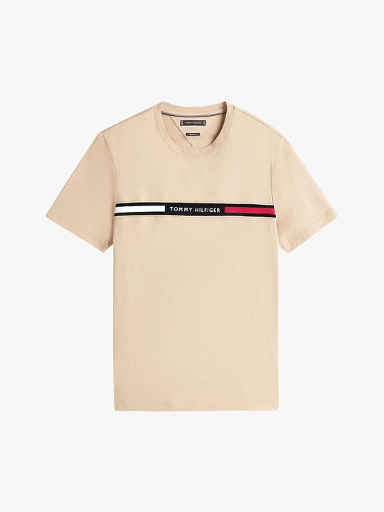 TOMMY HILFIGER Tommy Hilfiger Erkek Göğsü Şerit Detaylı Bisiklet Yaka Kısa Kollu Bej T-Shirt MW0MW36498-RBT
