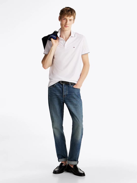 TOMMY HILFIGER Tommy Hilfiger Erkek Göğüste Tommy Hilfiger Bayrak İşlemesi Beyaz Polo Yaka T-Shirt MW0MW37310-YBR