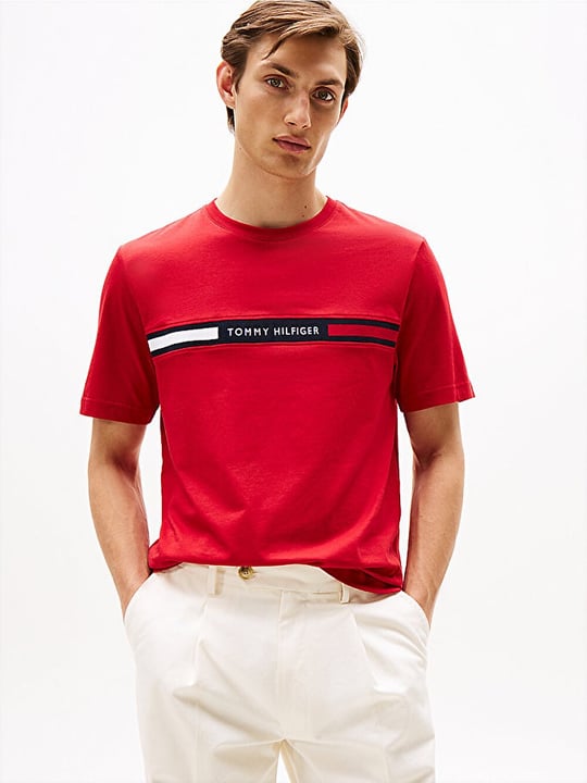 Tommy Hilfiger Tommy Hilfiger Erkek Göğsü Şerit Detaylı Bisiklet Yaka Kısa Kollu Kırmızı T-Shirt MW0MW36498-XLD