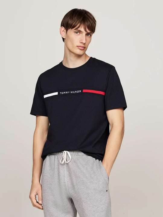 Tommy Hilfiger Tommy Hilfiger Erkek Göğsü Şerit Detaylı Bisiklet Yaka Kısa Kollu Mavi T-Shirt MW0MW36498-DW5