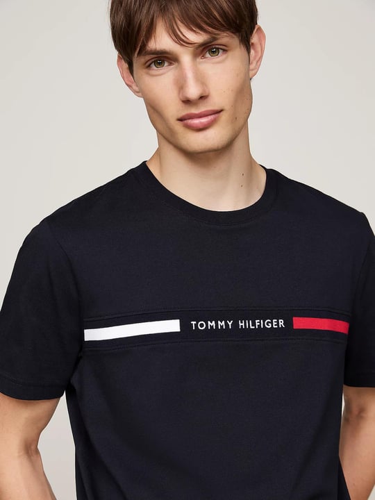 Tommy Hilfiger Tommy Hilfiger Erkek Göğsü Şerit Detaylı Bisiklet Yaka Kısa Kollu Mavi T-Shirt MW0MW36498-DW5