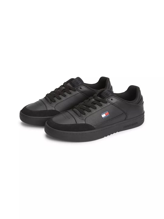 Tommy Hilfiger Tommy Hilfiger Erkek Hakiki Deri Kontrast Dokulu Delikli Yüzey Logolu Siyah Sneaker EM0EM01792-BDS