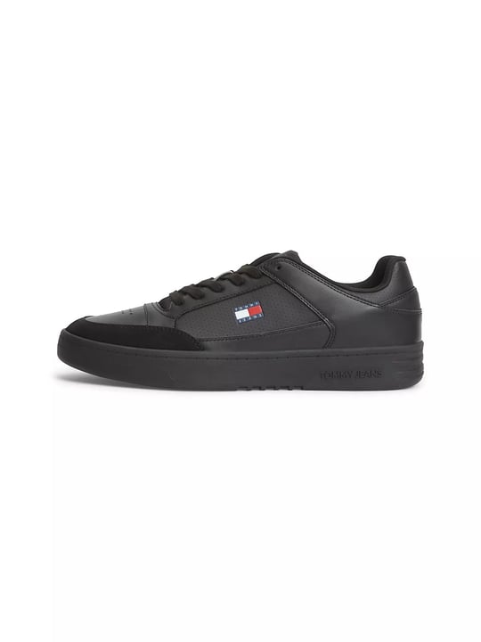 Tommy Hilfiger Tommy Hilfiger Erkek Hakiki Deri Kontrast Dokulu Delikli Yüzey Logolu Siyah Sneaker EM0EM01792-BDS