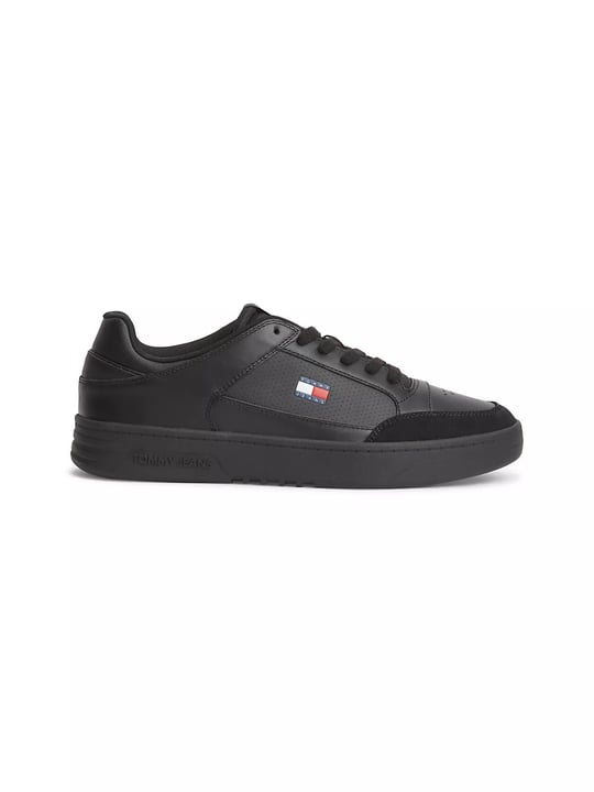 Tommy Hilfiger Tommy Hilfiger Erkek Hakiki Deri Kontrast Dokulu Delikli Yüzey Logolu Siyah Sneaker EM0EM01792-BDS
