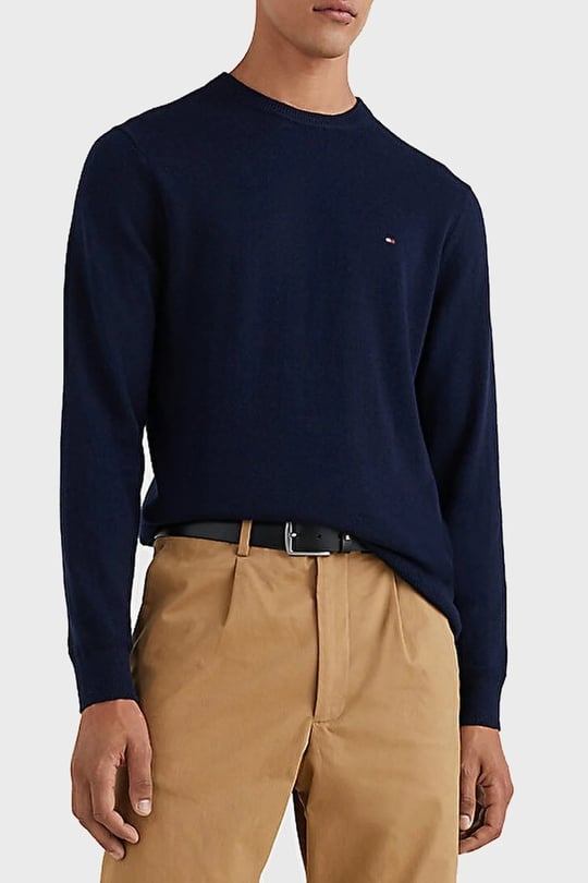 Tommy Hilfiger Tommy Hilfiger Erkek Logolu Yuvarlak Yakalı Uzun Kollu Günlük Kullanım Lacivert Kazak MW0MW28046-DW5
