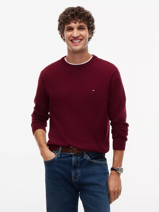 Tommy Hilfiger Tommy Hilfiger Erkek Logolu Yuvarlak Yakalı Uzun Kollu Günlük Kullanım Bordo Kazak MW0MW28046-VLP