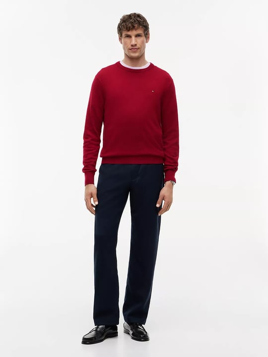 Tommy Hilfiger Tommy Hilfiger Erkek Logolu Yuvarlak Yakalı Uzun Kollu Günlük Kullanım Kırmızı Kazak MW0MW28046-XIT
