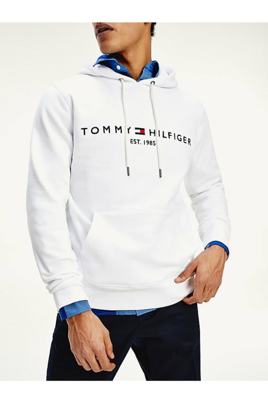 Tommy Hilfiger Tommy Hilfiger Erkek Logolu Kapüşonlu Uzun Kollu Günlük Kullanım Beyaz Sweatshirt MW0MW11599-YBR