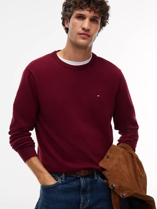 Tommy Hilfiger Tommy Hilfiger Erkek Logolu Yuvarlak Yakalı Uzun Kollu Günlük Kullanım Bordo Kazak MW0MW28046-VLP
