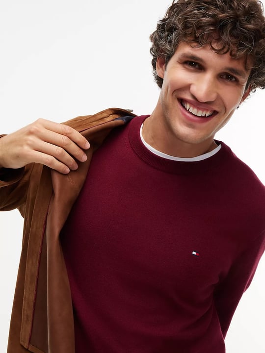 Tommy Hilfiger Tommy Hilfiger Erkek Logolu Yuvarlak Yakalı Uzun Kollu Günlük Kullanım Bordo Kazak MW0MW28046-VLP