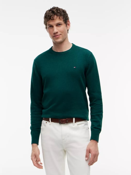Tommy Hilfiger Tommy Hilfiger Erkek Logolu Yuvarlak Yakalı Uzun Kollu Günlük Kullanım Yeşil Kazak MW0MW28046-MQ8