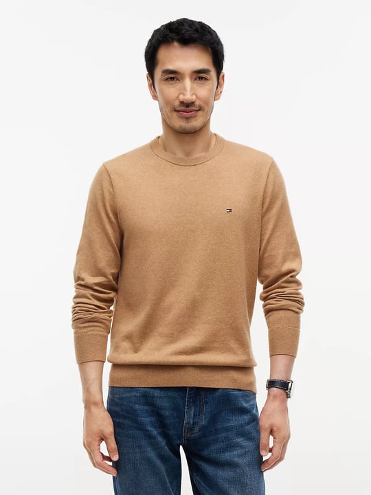 Tommy Hilfiger Tommy Hilfiger Erkek Logolu Yuvarlak Yakalı Uzun Kollu Günlük Kullanım Bej Kazak MW0MW28046-A1L