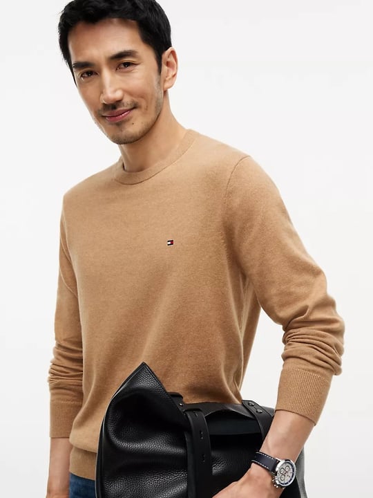 Tommy Hilfiger Tommy Hilfiger Erkek Logolu Yuvarlak Yakalı Uzun Kollu Günlük Kullanım Bej Kazak MW0MW28046-A1L