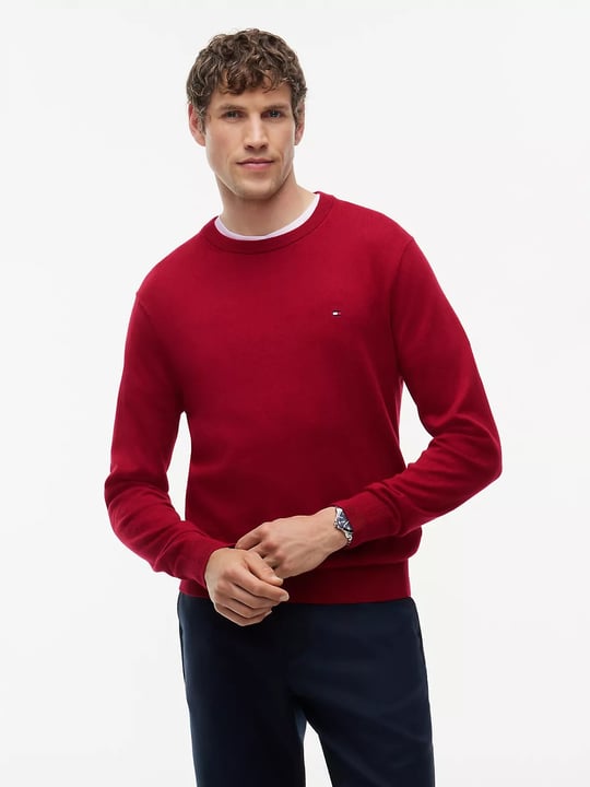 Tommy Hilfiger Tommy Hilfiger Erkek Logolu Yuvarlak Yakalı Uzun Kollu Günlük Kullanım Kırmızı Kazak MW0MW28046-XIT
