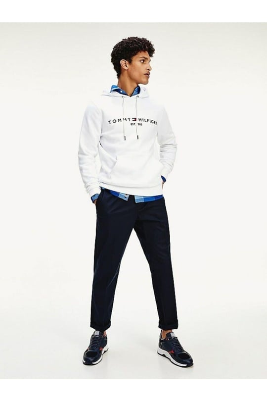 Tommy Hilfiger Tommy Hilfiger Erkek Logolu Kapüşonlu Uzun Kollu Günlük Kullanım Beyaz Sweatshirt MW0MW11599-YBR