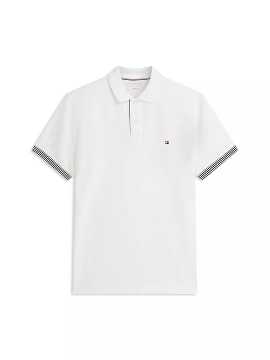 Tommy Hilfiger Tommy Hilfiger Erkek Normal Kalıp Kolunda ve Yakasında Çizgi Desenli Kısa Kollu Beyaz Polo Yaka T-Shirt MW0MW43296-YBR