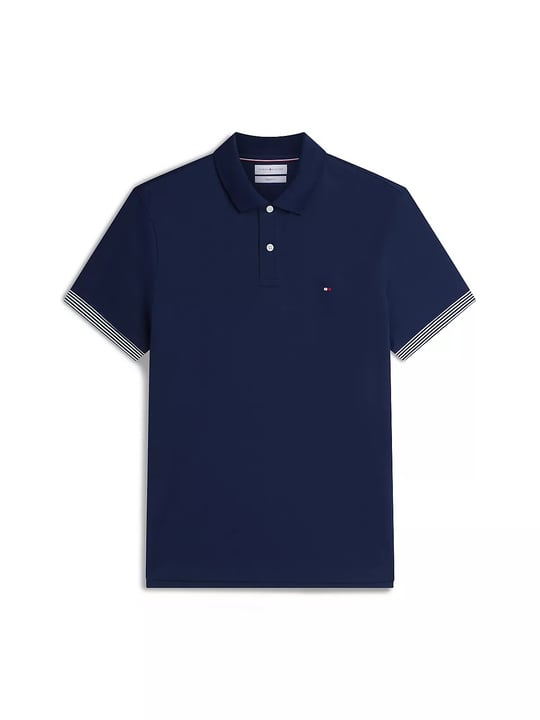 Tommy Hilfiger Tommy Hilfiger Erkek Normal Kalıp Kolunda ve Yakasında Çizgi Desenli Kısa Kollu Lacivert Polo Yaka T-Shirt MW0MW43296-DCC