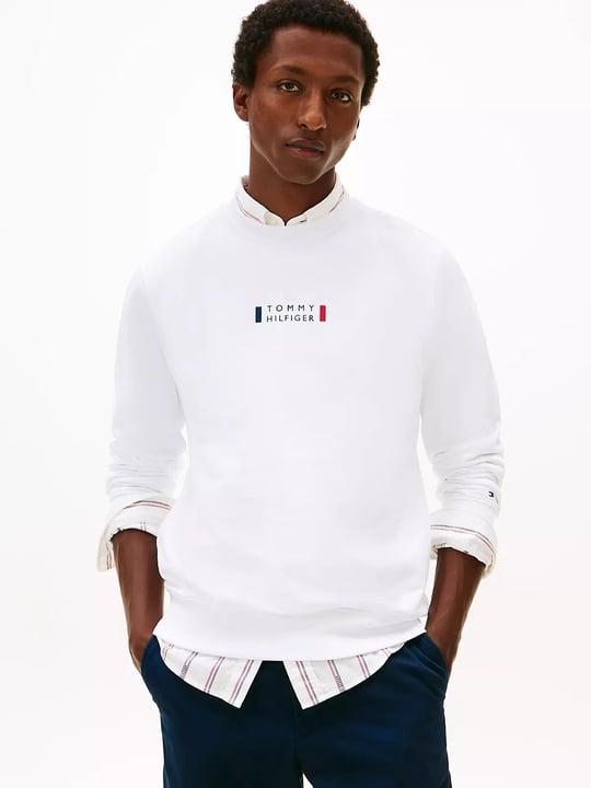 Tommy Hilfiger Tommy Hilfiger Erkek Normal Kalıp Logo Desenli Yuvarlak Yakalı Uzun Kollu Beyaz Sweatshirt MW0MW41428-YBR
