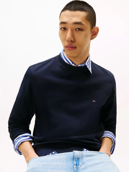 Tommy Hilfiger Tommy Hilfiger Erkek Pamuklu Normal Kalıp Yuvarlak Yakalı Uzun Kollu Lacivert Sweatshirt MW0MW37237-DW5