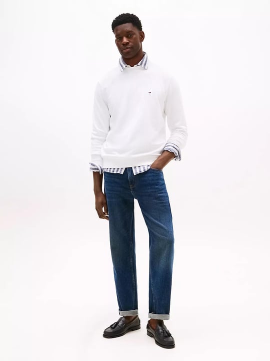 Tommy Hilfiger Tommy Hilfiger Erkek Pamuklu Normal Kalıp Yuvarlak Yakalı Uzun Kollu Beyaz Sweatshirt MW0MW37237-YBR