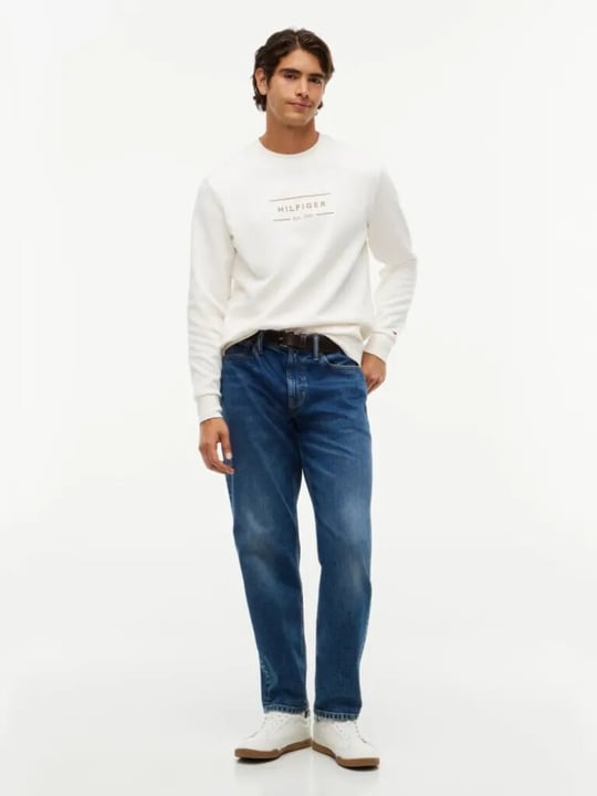 Tommy Hilfiger Tommy Hilfiger Erkek Regular Fit Organik Pamuklu Logo Baskılı Bisiklet Yaka Uzun Kollu Ekru Sweatshirt MW0MW44939-Z00