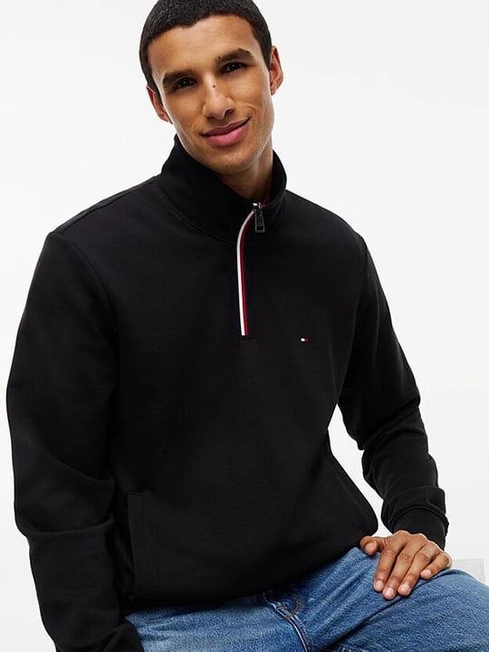 Tommy Hilfiger Tommy Hilfiger Erkek Regular Fit Pamuklu Havlu Kumaş Dik Yakalı Yarım Fermuarlı Uzun Kollu Siyah Sweatshirt MW0MW44943-BDS