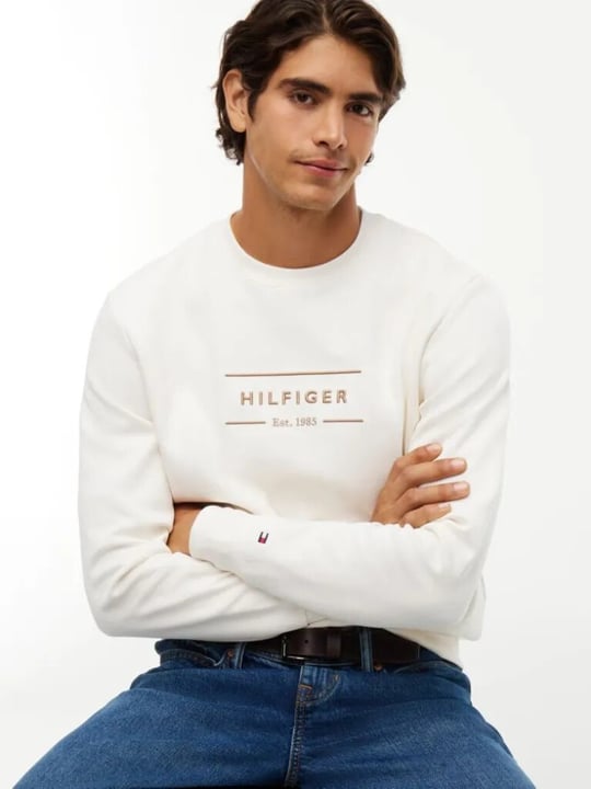 Tommy Hilfiger Tommy Hilfiger Erkek Regular Fit Organik Pamuklu Logo Baskılı Bisiklet Yaka Uzun Kollu Ekru Sweatshirt MW0MW44939-Z00
