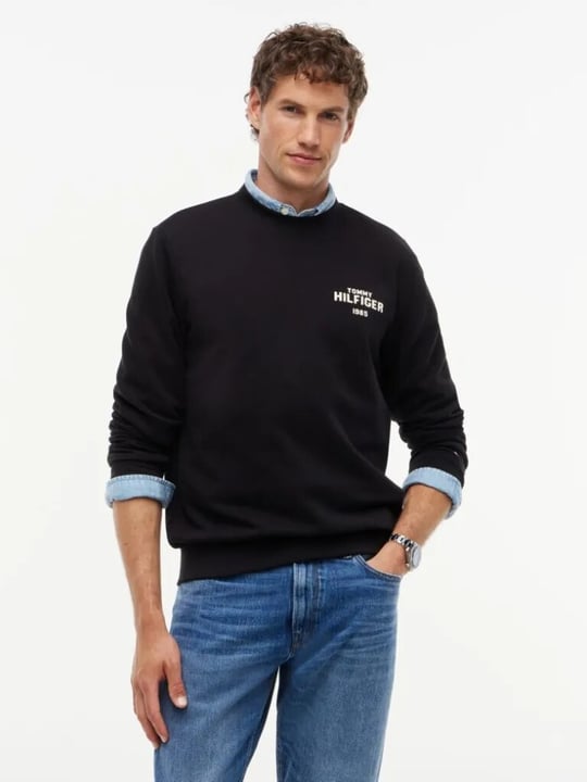 Tommy Hilfiger Tommy Hilfiger Erkek Regular Fit Pamuklu Logo Detaylı Bisiklet Yaka Uzun Kollu Siyah Sweatshirt MW0MW44938-BDS