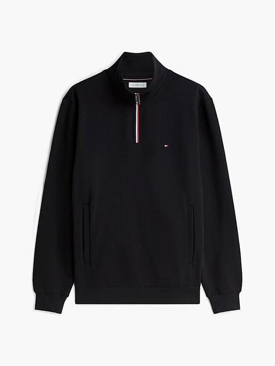 Tommy Hilfiger Tommy Hilfiger Erkek Regular Fit Pamuklu Havlu Kumaş Dik Yakalı Yarım Fermuarlı Uzun Kollu Siyah Sweatshirt MW0MW44943-BDS