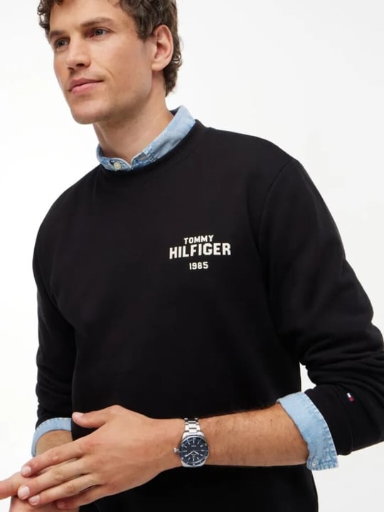 Tommy Hilfiger Tommy Hilfiger Erkek Regular Fit Pamuklu Logo Detaylı Bisiklet Yaka Uzun Kollu Siyah Sweatshirt MW0MW44938-BDS
