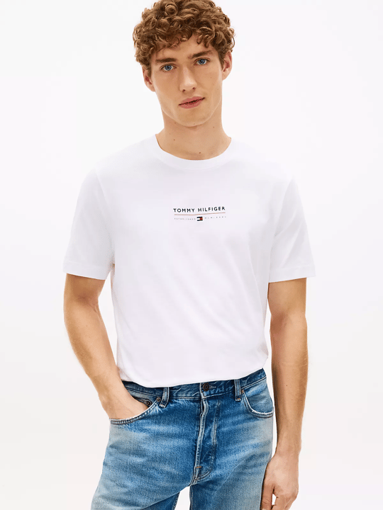 Tommy Hilfiger Tommy Hilfiger Erkek Regular Fit Yuvarlak Yakalı Logo Desenli Pamuklu Kısa Kollu Beyaz T-Shirt MW0MW42363-YBR