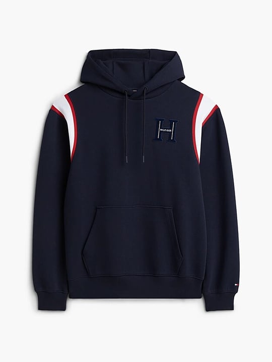 Tommy Hilfiger Tommy Hilfiger Erkek Regular Fit Kontrast Şerit Detaylı Logolu Pamuklu Kapüşonlu Uzun Kollu Lacivert Sweatshirt MW0MW44956-DW5