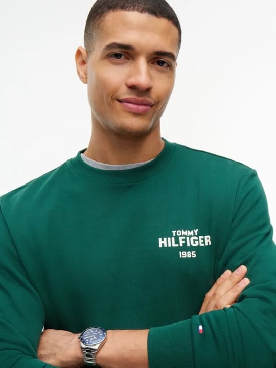 Tommy Hilfiger Tommy Hilfiger Erkek Regular Fit Pamuklu Logo Detaylı Bisiklet Yaka Uzun Kollu Yeşil Sweatshirt MW0MW44938-L6K