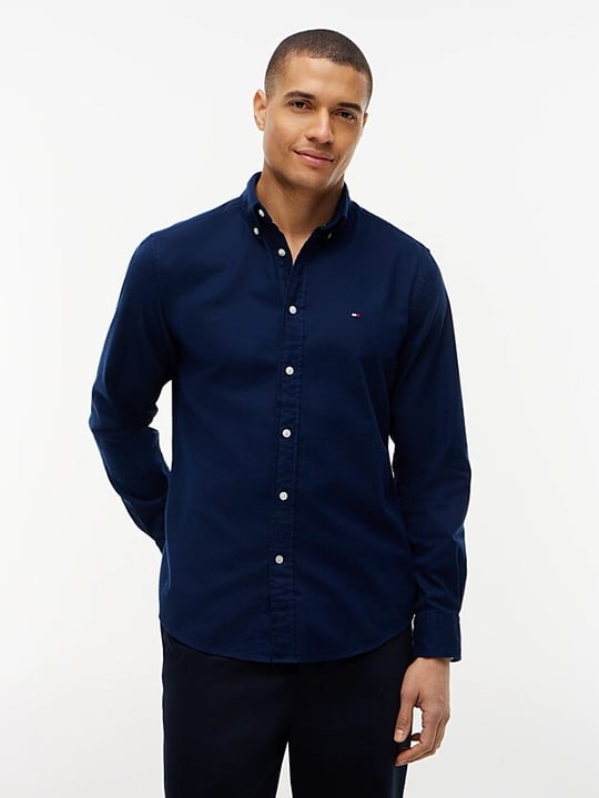 Tommy Hilfiger Tommy Hilfiger Erkek Regular Fit Esnek Pamuklu Göğüste TH Logo Bayrak İmzalı Uzun Kollu Lacivert Gömlek MW0MW40469-DCC