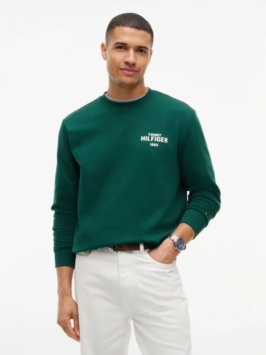 Tommy Hilfiger Tommy Hilfiger Erkek Regular Fit Pamuklu Logo Detaylı Bisiklet Yaka Uzun Kollu Yeşil Sweatshirt MW0MW44938-L6K