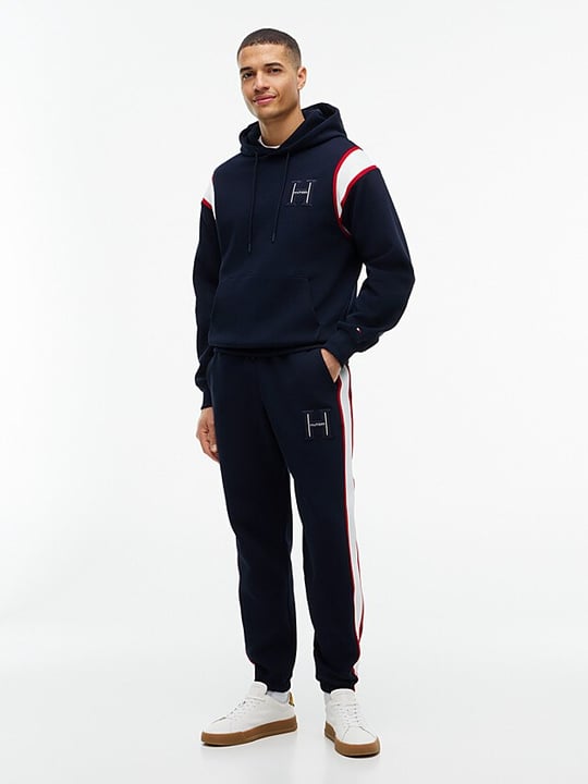 Tommy Hilfiger Tommy Hilfiger Erkek Regular Fit Kontrast Şerit Detaylı Logolu Pamuklu Kapüşonlu Uzun Kollu Lacivert Sweatshirt MW0MW44956-DW5