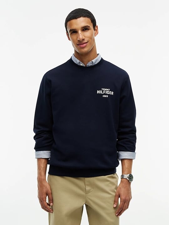 Tommy Hilfiger Tommy Hilfiger Erkek Regular Fit Pamuklu Logo Detaylı Bisiklet Yaka Uzun Kollu Lacivert Sweatshirt MW0MW44938-DW5