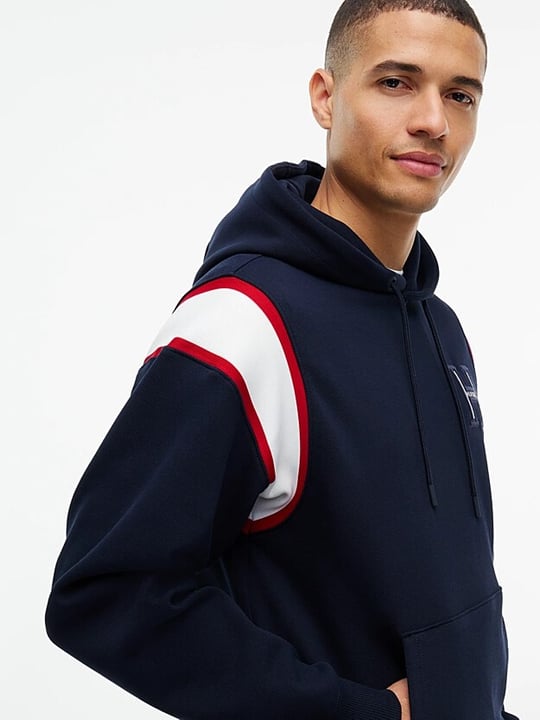 Tommy Hilfiger Tommy Hilfiger Erkek Regular Fit Kontrast Şerit Detaylı Logolu Pamuklu Kapüşonlu Uzun Kollu Lacivert Sweatshirt MW0MW44956-DW5