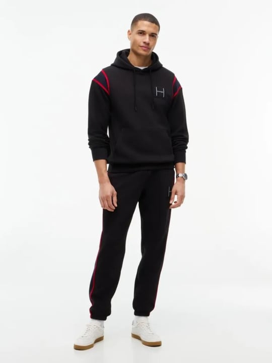 Tommy Hilfiger Tommy Hilfiger Erkek Regular Fit Kontrast Şerit Detaylı Logolu Pamuklu Kapüşonlu Uzun Kollu Siyah Sweatshirt MW0MW44956-BDS