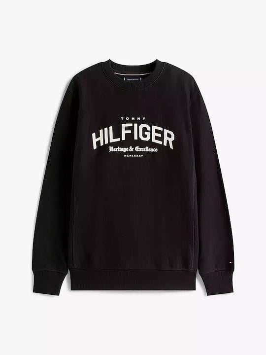 Tommy Hilfiger Tommy Hilfiger Erkek Saf Pamuklu Polar Yuvarlak Yakalı Logo İşlemeli Normal Kalıp Siyah Sweatshirt MW0MW40067-BDS