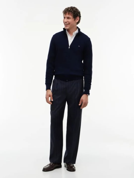 Tommy Hilfiger Tommy Hilfiger Erkek Uzun Kol Dik Yaka Fermuar Kapama Lacivert Kazak MW0MW28050-DW5