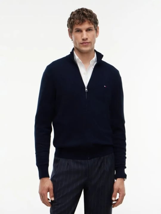 Tommy Hilfiger Tommy Hilfiger Erkek Uzun Kol Dik Yaka Fermuar Kapama Lacivert Kazak MW0MW28050-DW5
